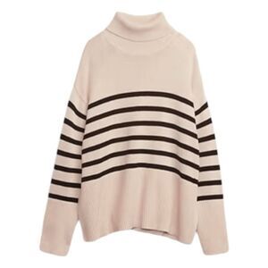 Gap 24/7 Split Hem Turtleneck Sweater Beige Black Breton Stripe Long Sleeve SP